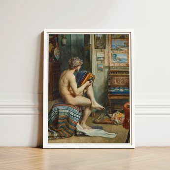 Male Nude with Accordion - Julien Renevier Art Print / Canvas White-framed Reproduction Classical Painting Figure Seated Renevier’s, Gay,