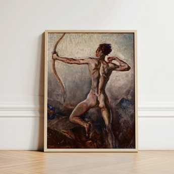 Male Nude with Drawn Bow - H. Willard Ortlip Art Print / Canvas Framed Painting Muscular Figure Dynamic Pose, Mythical Archer, Sculpted