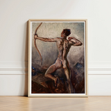 Male Nude with Drawn Bow - H. Willard Ortlip Art Print / Canvas Framed Painting Muscular Figure Dynamic Pose, Mythical Archer, Sculpted