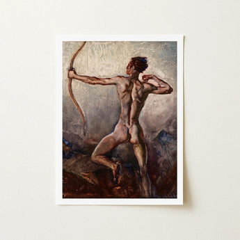 Male Nude with Drawn Bow - H. Willard Ortlip Art Print / Canvas Framed Painting Muscular Figure Dynamic Pose, Mythical Archer, Sculpted