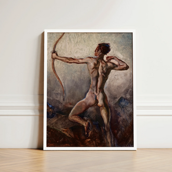 Male Nude with Drawn Bow - H. Willard Ortlip Art Print / Canvas White-framed Artwork Muscular Figure Dynamic Pose, Mythical Archer,