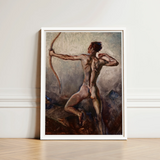 Male Nude with Drawn Bow - H. Willard Ortlip Art Print / Canvas Framed Painting White Frame Muscular Figure, Mythical Archer, Sculpted