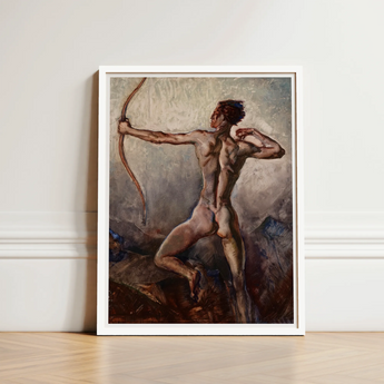 Male Nude with Drawn Bow - H. Willard Ortlip Art Print / Canvas Framed Painting White Frame Muscular Figure, Mythical Archer, Sculpted