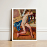 Male Nude - Wojciech Weiss Fine Art Print / Canvas Framed Painting White Frame Figure Blue Fabric, Brushstroke Colliding, Fugitive Ecstasy