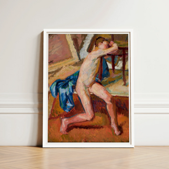 Male Nude - Wojciech Weiss Fine Art Print / Canvas Framed Painting White Frame Figure Blue Fabric, Brushstroke Colliding, Fugitive Ecstasy