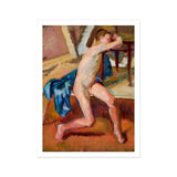 Male Nude - Wojciech Weiss Fine Art Print, Nude Male Figure Table Blue Draped Fabric