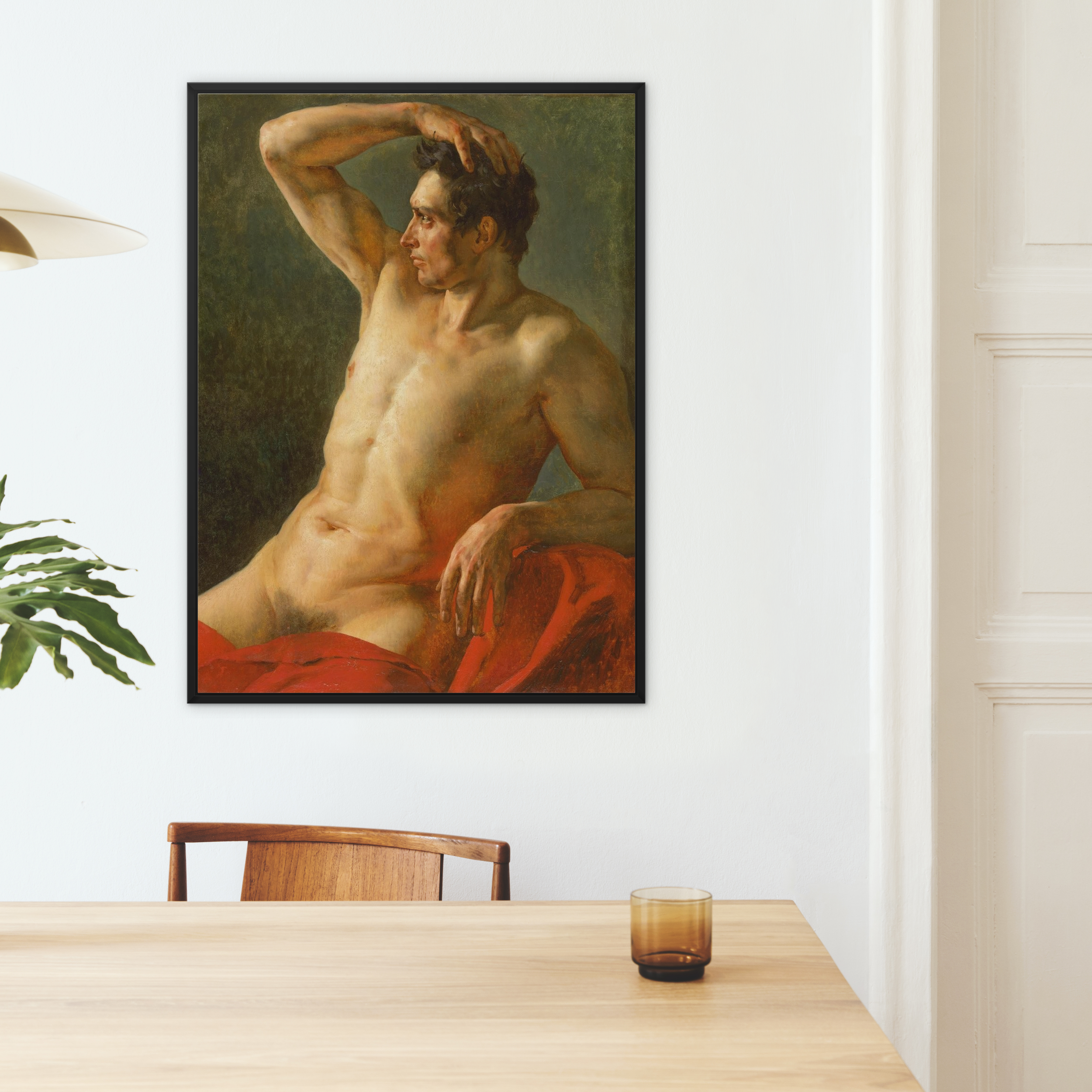 Male Torso in Profile Theodore Gericault Framed Canvas, Classical Nude Figure Painting Red Drapery Dark Green