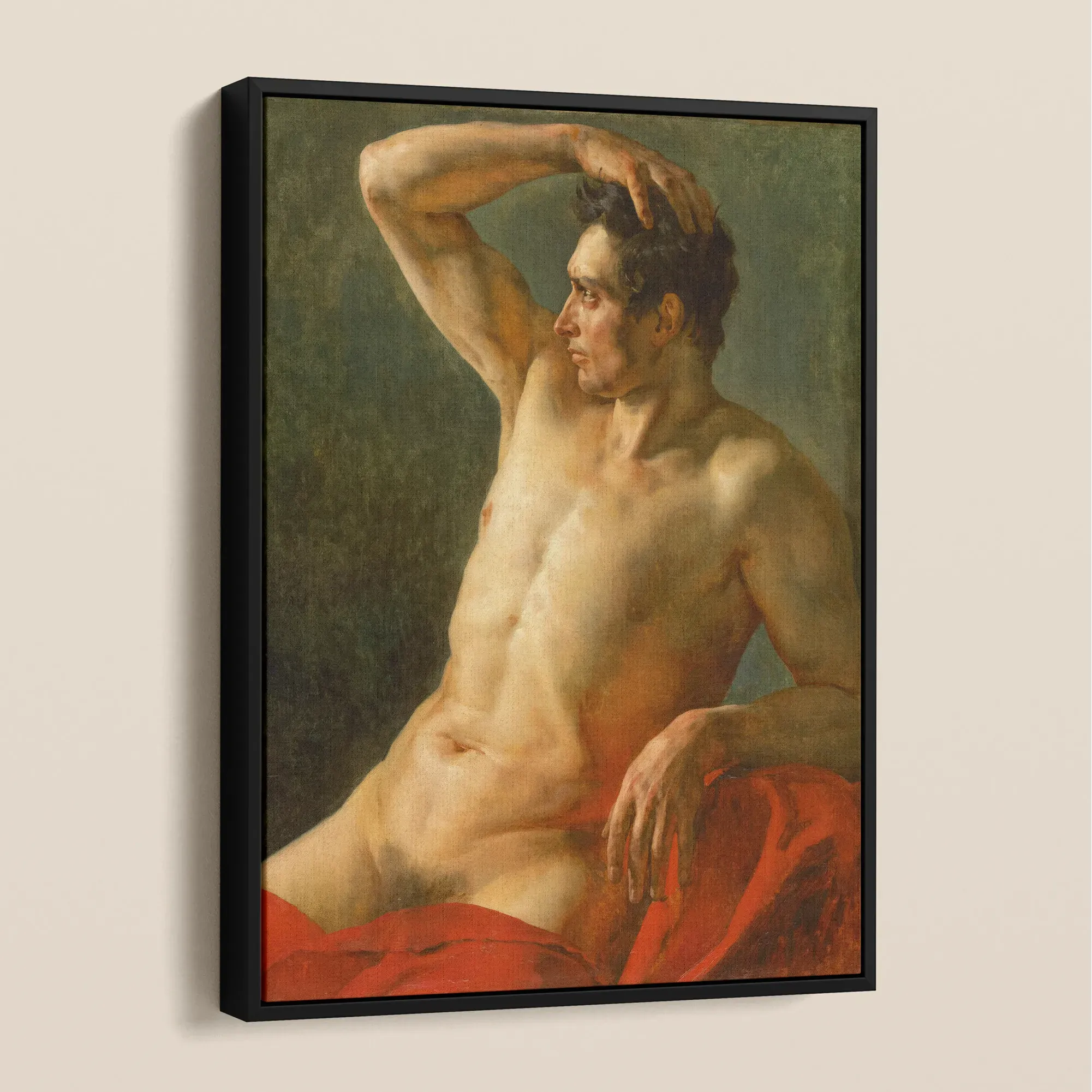 Male Torso in Profile Theodore Gericault Framed Canvas, Classical Oil Painting Nude Figure Seated Red Drapery
