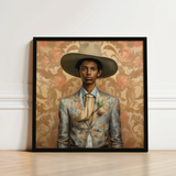Framed Portrait Man Wide-brimmed Beige Hat Ornate Light Cowboy Spirit’s Queer, Transman Tamil, Elegant Outlaw’s