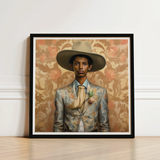 Framed Portrait Man Wide-brimmed Hat Floral-patterned Suit Set Cowboy Spirit’s Queer, Transman Tamil, Elegant Outlaw’s