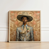 Framed Portrait Man Wide-brimmed Hat Floral-patterned Suit Set Cowboy Spirit’s Queer, Transman Tamil, Elegant Outlaw’s