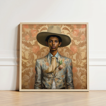 Framed Portrait Man Wide-brimmed Hat Floral-patterned Suit Set Cowboy Spirit’s Queer, Transman Tamil, Elegant Outlaw’s