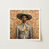 Mallaravan - Tamil Transgender Cowboy Art Print / Canvas Framed Portrait Man Ornate Light-toned Floral-patterned Suit Spirit’s Queer,