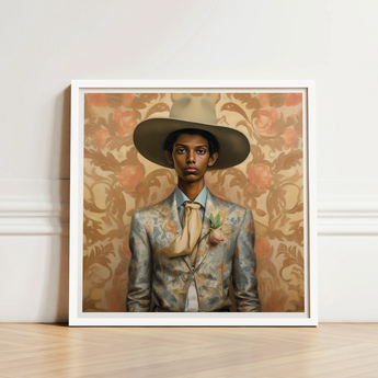 Framed Portrait Person Wide-brimmed Hat Floral-patterned Suit Set Cowboy Spirit’s Queer, Transman Tamil, Elegant Outlaw’s