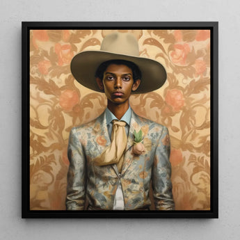 Mallaravan - Tamil Transgender Cowboy Art Print / Canvas Framed Portrait Man Wide-brimmed Beige Hat Light Blue Cowboy Spirit’s Queer,