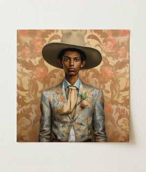Framed Portrait Man Wide-brimmed Beige Hat Light Blue Cowboy Spirit’s Queer, Transman Tamil, Elegant Outlaw’s
