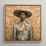 Mallaravan - Tamil Transgender Cowboy Art Print / Canvas Framed Portrait Man Wide-brimmed Beige Hat Ornate Floral-patterned Cowboy Spirit’s
