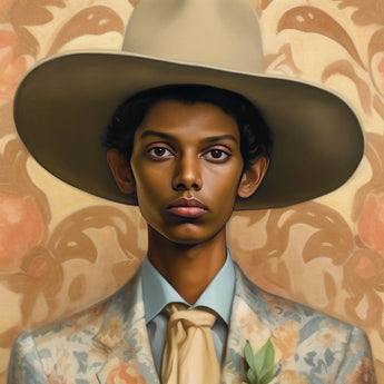 Mallaravan - Tamil Transgender Cowboy Art Print / Canvas Beige Wide-brimmed Hat Floral Patterned Suit Green Leaf Cowboy Spirit’s Queer,