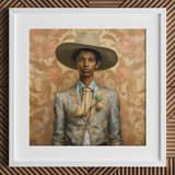 Mallaravan - Tamil Transgender Cowboy Art Print / Canvas 12x12’’ / 31x31cm / White Frame / Matboard Floral Print Suit Jacket Wide-brimmed
