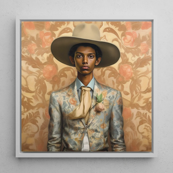Mallaravan - Tamil Transgender Cowboy Art Print / Canvas 12x12’’ / 31x31cm / White Frame Framed Portrait Man Wide-brimmed Beige Hat