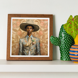 Mallaravan - Tamil Transgender Cowboy Art Print / Canvas Framed Portrait Man Wide-brimmed Hat Patterned Suit Set Cowboy Spirit’s Queer,
