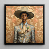 Mallaravan - Transgender Tamil Cowboy Framed Canvas, 12x12’’ / 31x31cm / Black Floating Frame, Portrait Young Person Wide-brimmed Hat