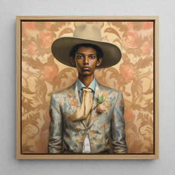 Mallaravan - Transgender Tamil Cowboy Framed Canvas, 12x12’’ / 31x31cm / Natural Floating Frame, Framed Oil Painting Person Wide-brimmed