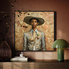 Mallaravan Transgender Tamil Cowboy Framed Canvas, Portrait Painting Person Wide Brimmed Hat Floral Patterned Suit Jacket