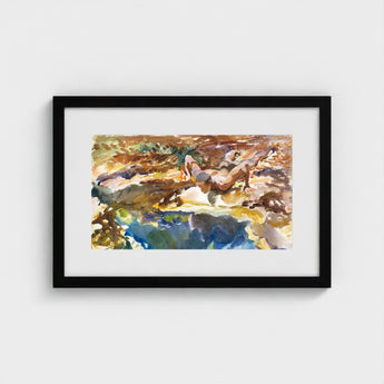 Man and Pool - John Singer Sargent Nude Art Print / Canvas Black-framed Watercolor Painting Figure Aquatic Earthy Tones, Exploding