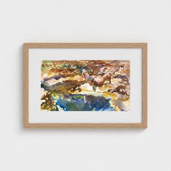 Man and Pool - John Singer Sargent Nude Art Print / Canvas Watercolor Painting Light Wood Frame Figure Rocky Terrain, Exploding