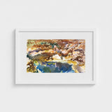 Man and Pool - John Singer Sargent Nude Art Print / Canvas Watercolor Painting White Frame Figure Rocky Terrain Vibrant, Exploding