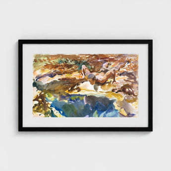 Man and Pool - John Singer Sargent Nude Art Print / Canvas Black-framed Watercolor Painting Two Figures Rocky Shore, Exploding Conventional