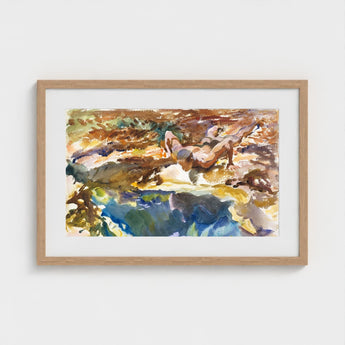Man and Pool - John Singer Sargent Nude Art Print / Canvas Watercolor Painting Light Wood Frame Two Figures Reflective, Exploding