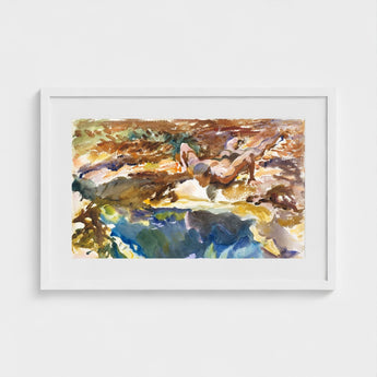 Man and Pool - John Singer Sargent Nude Art Print / Canvas Watercolor Painting White Frame Two Figures Rocky Terrain, Exploding