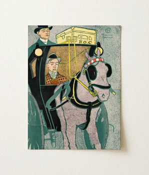 Artistic Print Stylized Horse-drawn Carriage Muted Greens Purples Edward Penfield’s Man, Penfield Art, Cuts, Flat Planes, Coachman Looms