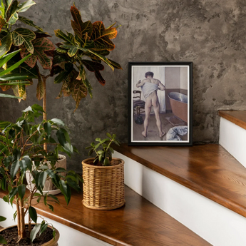 Man at His Bath - Gustave Caillebotte Nude Art Print / Canvas Framed Black White Photograph Wooden Stairs Alongside Potted Gay,