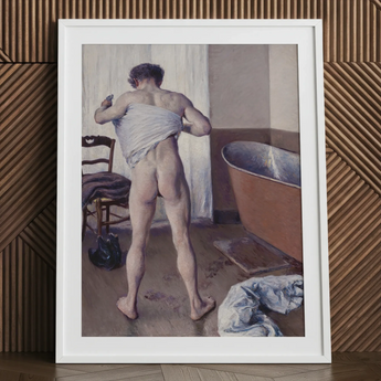 Man in bath art print, muscular figure, framed, bathroom scene.