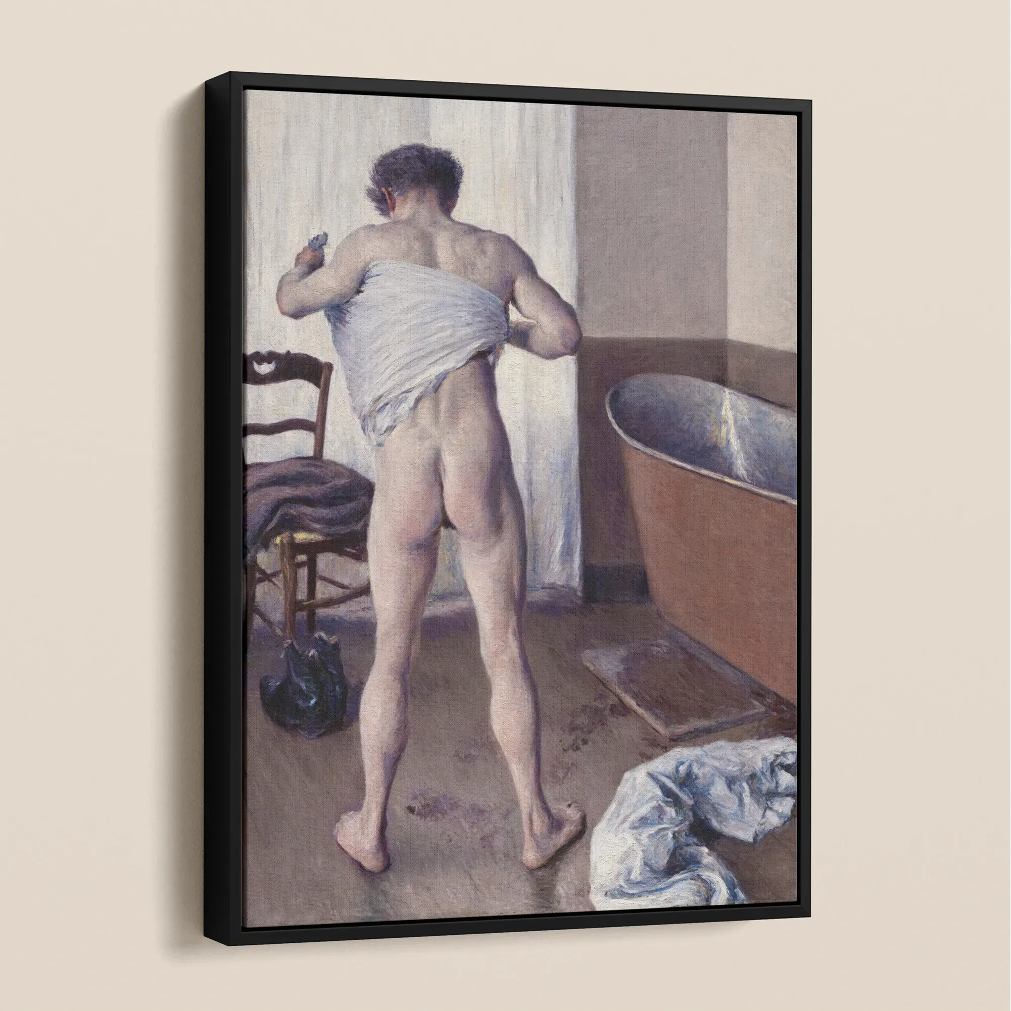 Man at His Bath Gustave Caillebotte Nude Framed Canvas, Framed Artwork Person’s View Partially Wrapped Fabric Bathtub