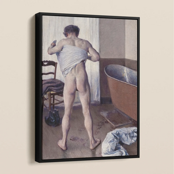 Man at His Bath - Gustave Caillebotte Nude Framed Canvas, Framed Artwork Person’s View Partially Wrapped Fabric Bathtub