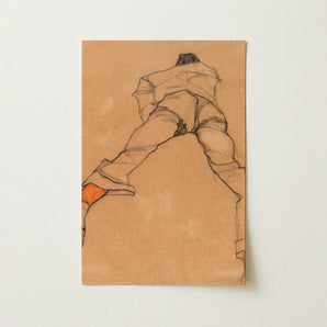 Man Lying on His Stomach (1910) - Egon Schiele Art Print / Canvas Sepia-toned Sketch Textured Paper Figure Loose Draped Clothing