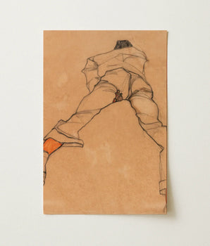 Man Lying on His Stomach (1910) - Egon Schiele Art Print / Canvas Sepia-toned Sketch Textured Paper Figure Loose Draped Clothing