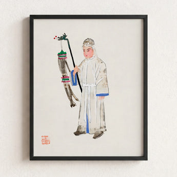 Framed Watercolor Painting Traditional Chinese Figure White Robes Qing Dynasty Manchu Fashion, Funerary Traditions, Art
