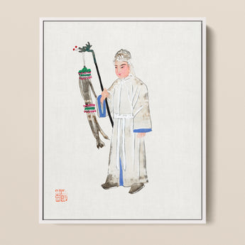 Framed Watercolor Painting Traditional Chinese Figure White Robes Qing Dynasty Manchu Fashion, Funerary Traditions, Art