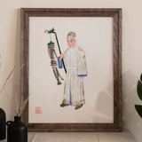Man in Mourning - Manchu Funereal Fashion Art Print, Framed Painting Figure Traditional Asian Attire Decorative Staff