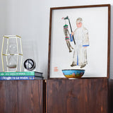 Man in Mourning - Manchu Funereal Fashion Art Print, Framed Watercolor Illustration Figure White Robes Bamboo Pole