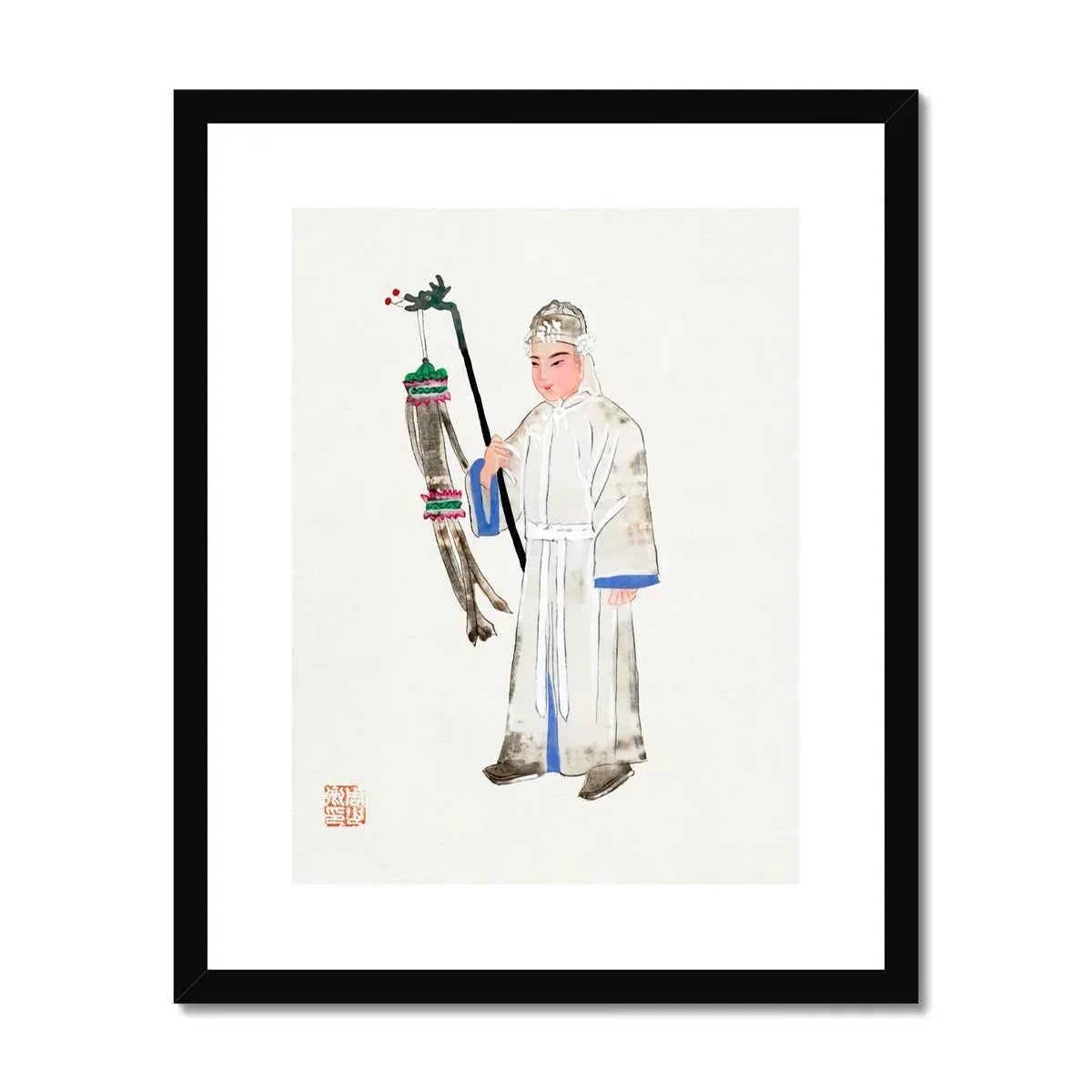Man in Mourning Manchu Funereal Fashion Art Print, Traditional Chinese Watercolor Painting Figure White Robes Lantern