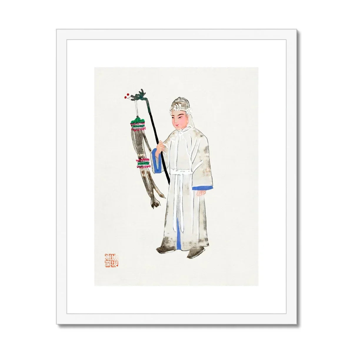 Man in Mourning Manchu Funereal Fashion Art Print, Traditional Chinese Watercolor Painting Figure White Robes Ceremonial