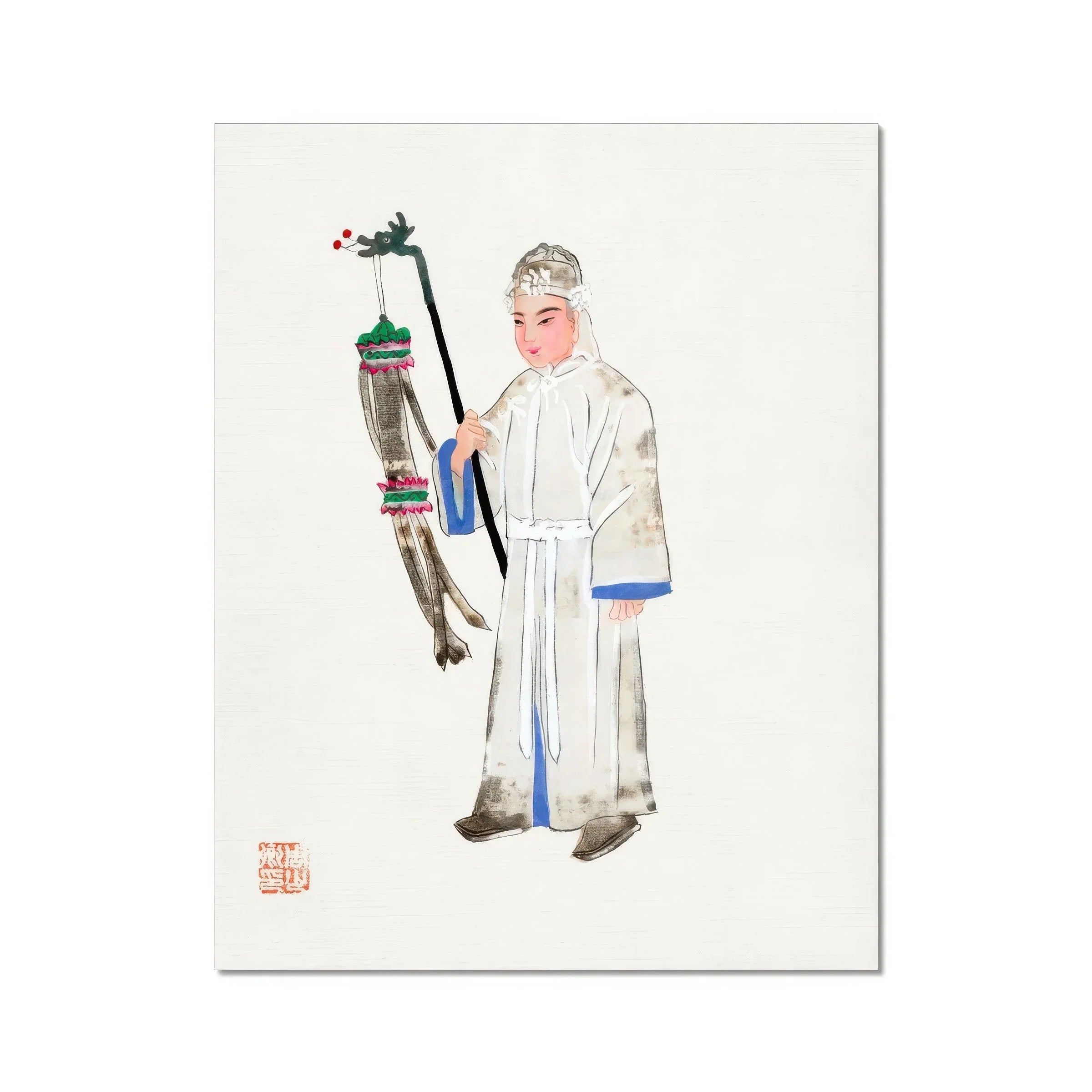 Man in Mourning Manchu Funereal Fashion Art Print, Traditional Chinese Watercolor Painting Figure White Robes Pole