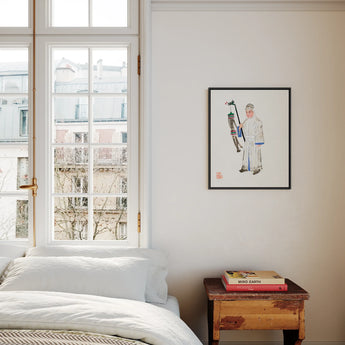 Man in Mourning - Qing Dynasty Framed Canvas, Bright Bedroom Corner Tall Window White Bedding Wooden