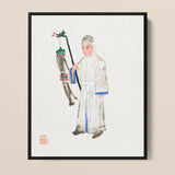 Man in Mourning - Qing Dynasty Framed Canvas, Traditional Chinese Painting Figure White Robes Decorated Pole